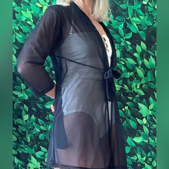 🏖️ J. Valdi Sheer Black Swim Cover-Up – Tie Waist – One Size - Picture 3 of 5
